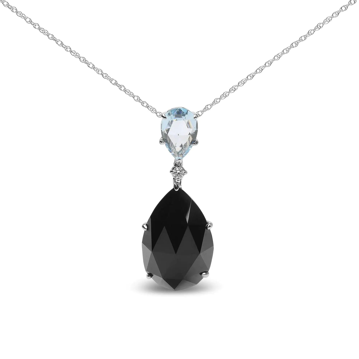 Rhodium-Plated White Gold Diamond Accent and Pear-Cut Sky-Blue Topaz and Pear-Cut Black Onyx Dangle-Drop Pendant Necklace