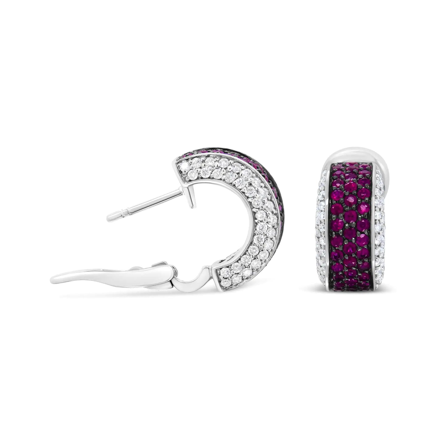 White Gold with Black Rhodium Plating Diamond and Red Ruby Huggie Hoop Earrings