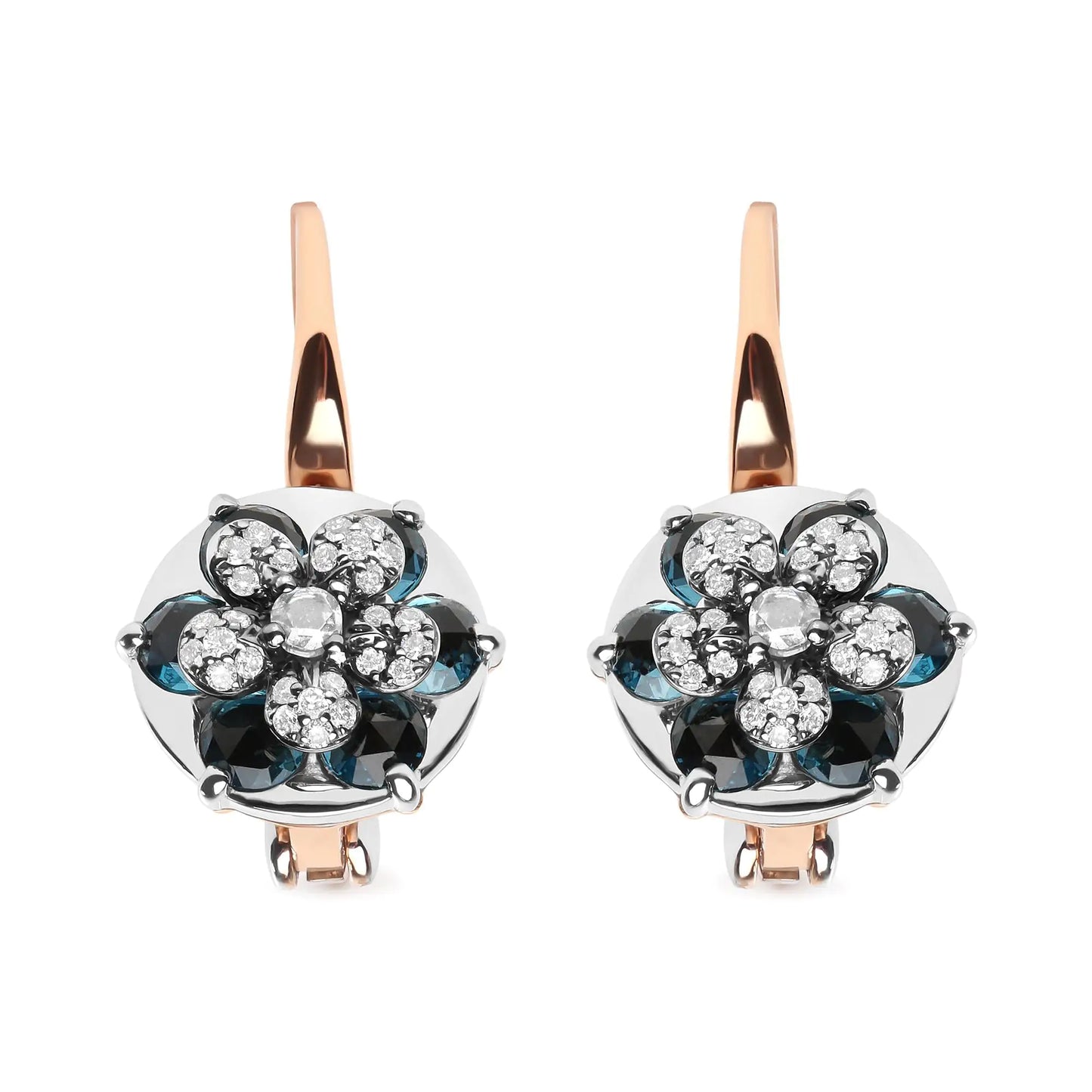 Rose-and-White Gold Diamond and London-Blue Topaz Cluster Floral-Drop Hoop Earrings