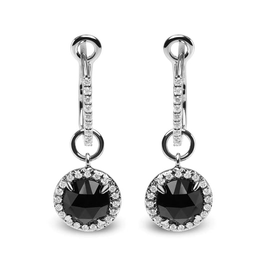 White Gold Diamond and Round Black Onyx Gemstone Halo Dangle Hoop Earrings