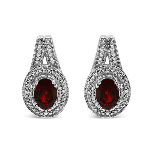 Silver Diamond Accent and Red Oval Garnet Stud Earrings