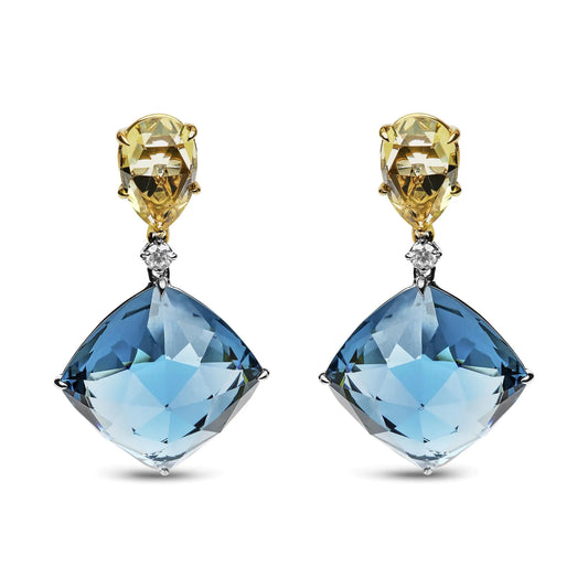 White-and-Yellow Gold Diamond with Pear-Cut Lemon Quartz and Cushion-Cut London Blue Topaz Dangle Earrings