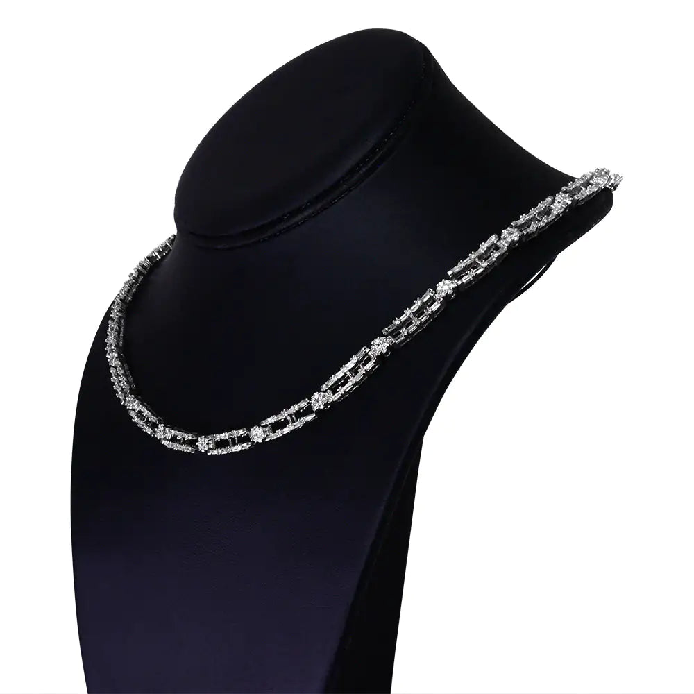 White Gold Diamond Alternating Bar and Floral-Cluster Link Necklace