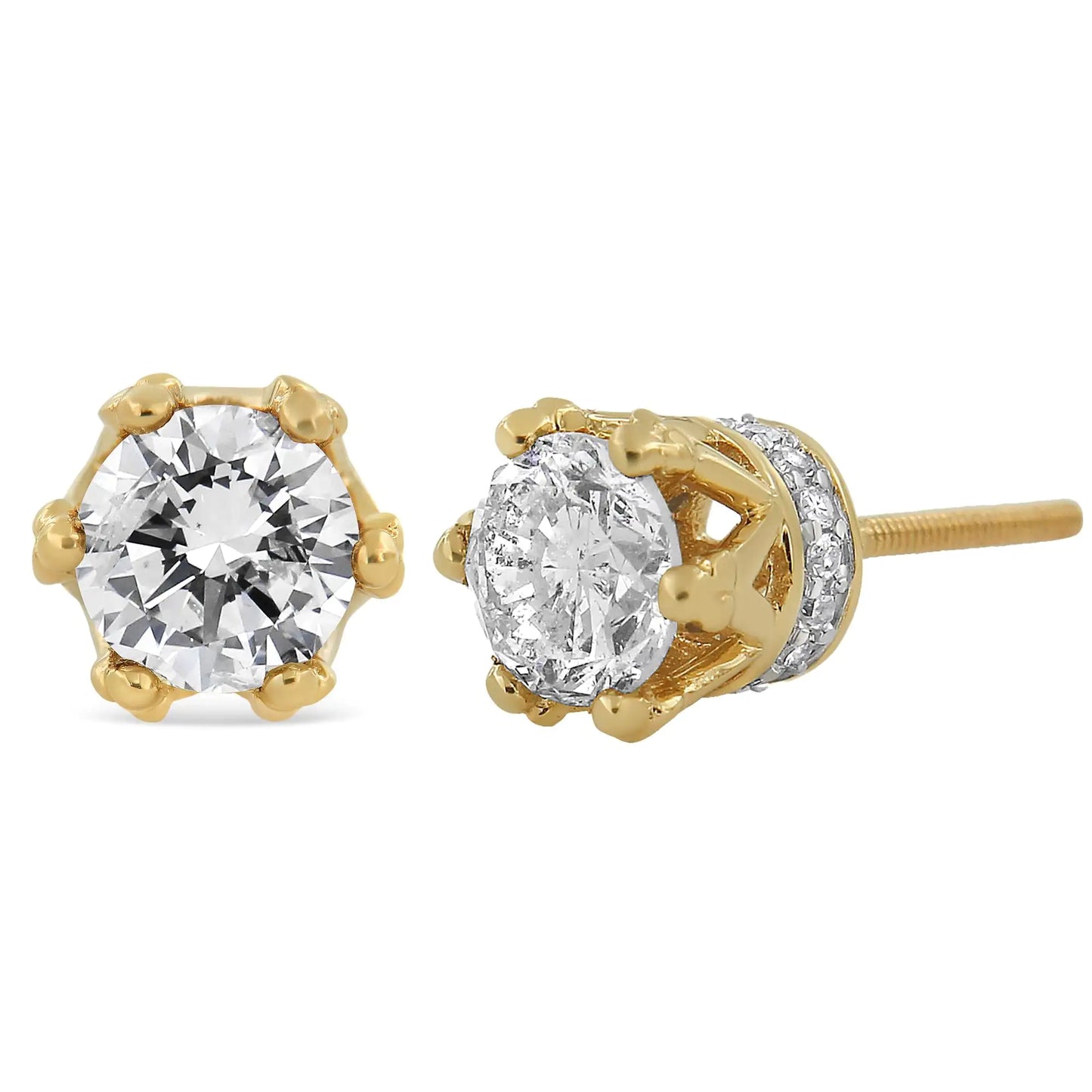 Yellow Gold Round-Cut Diamond Crown Stud Earrings