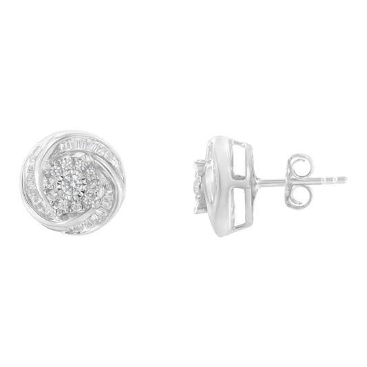 Silver Round-and-Baguette-Cut Diamond Love Knot Stud Earrings