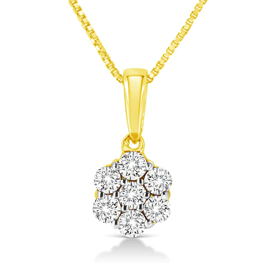 Yellow Gold Diamond Seven-Stone Floral-Cluster Pendant Necklace