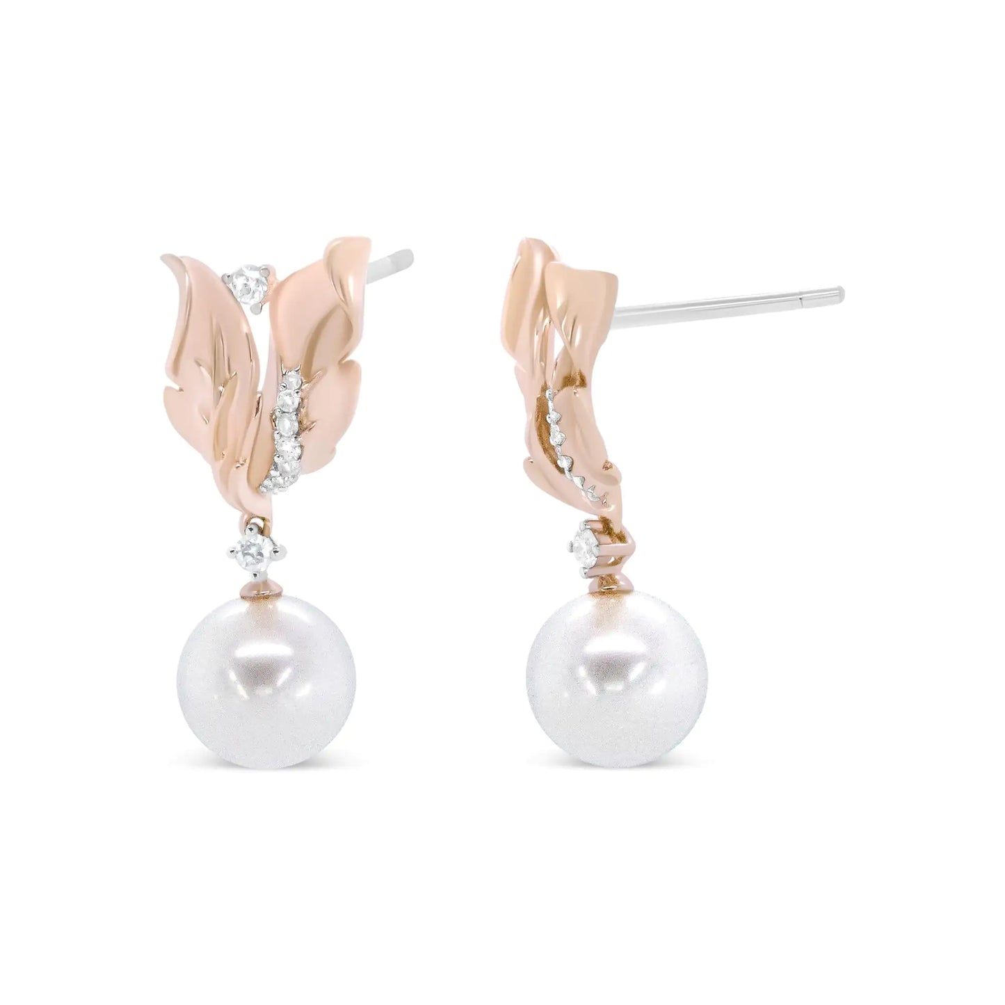 Rose Gold Round Diamond and Round Pearl Floral Drop Stud Earrings