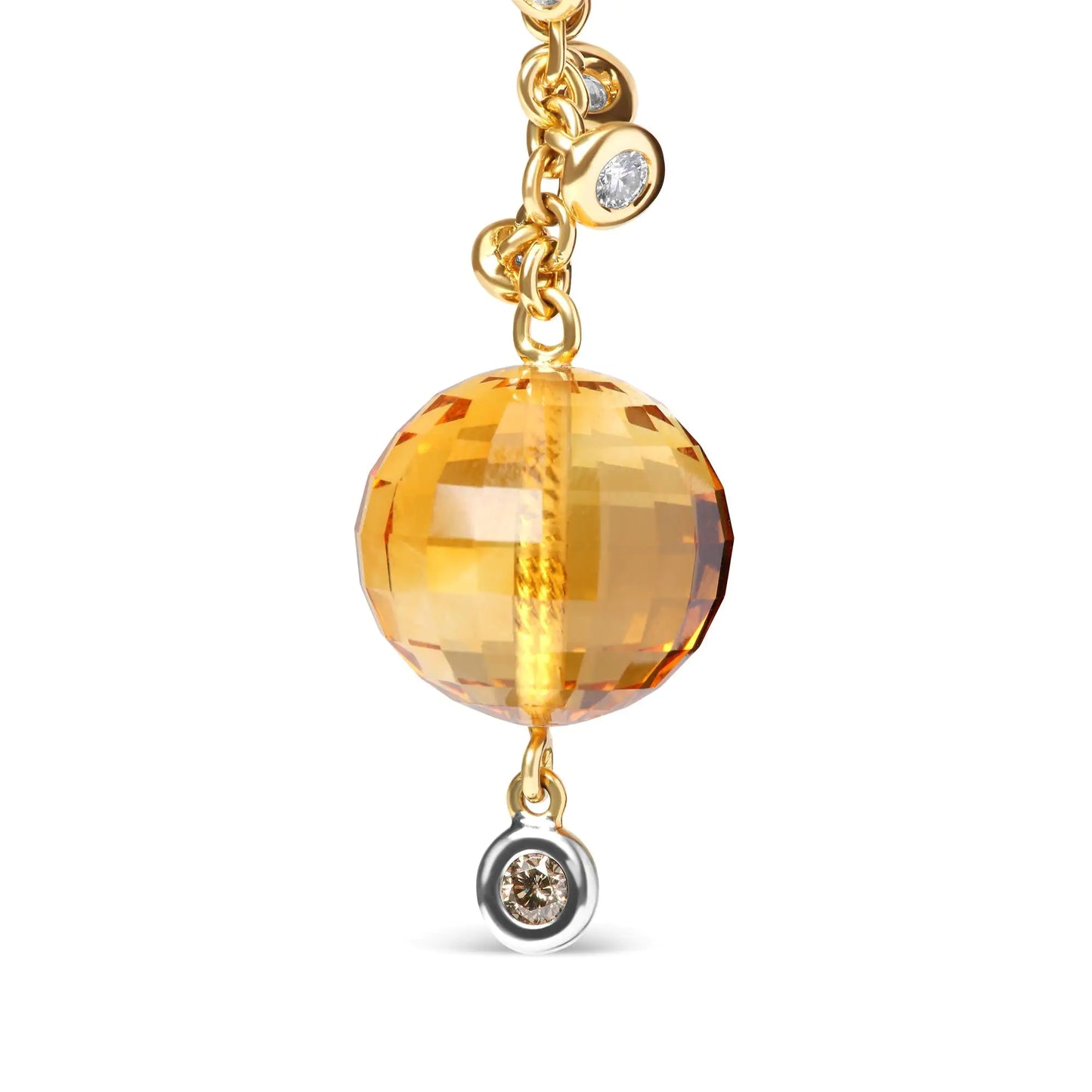 Yellow Gold Round Bezel Diamond and Ball-Shaped Yellow Citrine Gemstone Dangle Stud Earrings