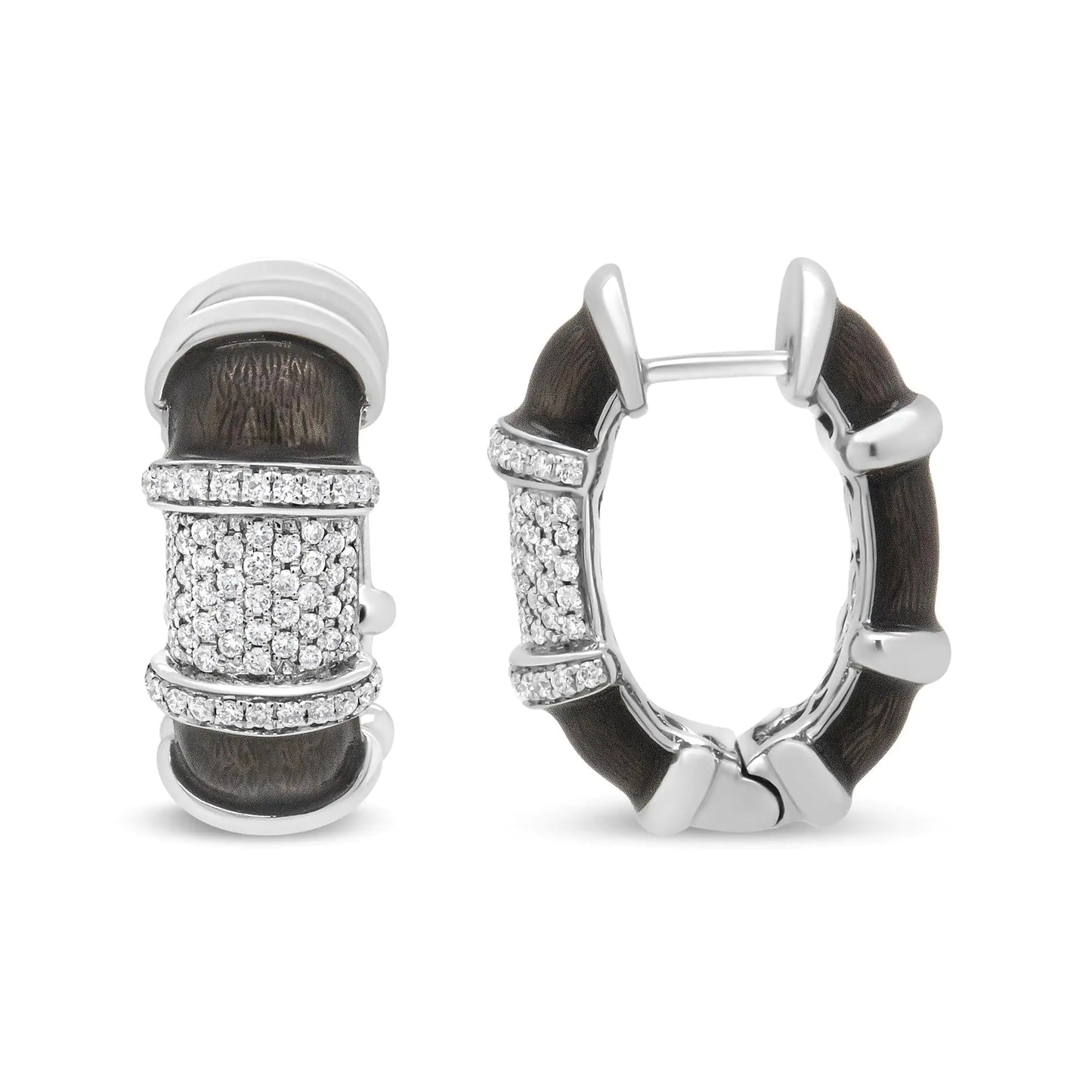 White Gold Flash-Plated Silver Clear Graphite Grey Enamel Round Diamonds Huggie Hoop Earrings