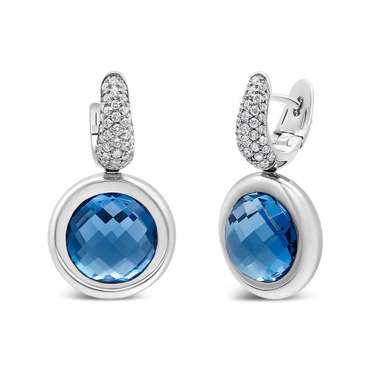 White Gold Bezel-Set Blue Topaz and Invisible-Set Diamond Bale Dangle Earrings