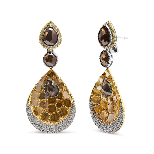 White-and-Yellow Gold Fancy-Color Rose-Cut Diamond Disc-Drop-Dangle Statement Earrings