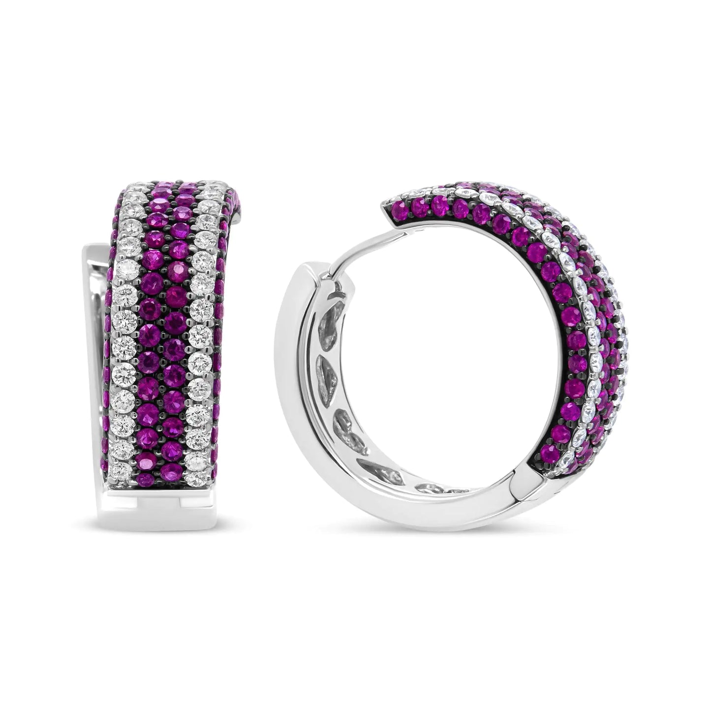 White Gold Diamond and Round Red Ruby Open-Swish Hoop Earrings