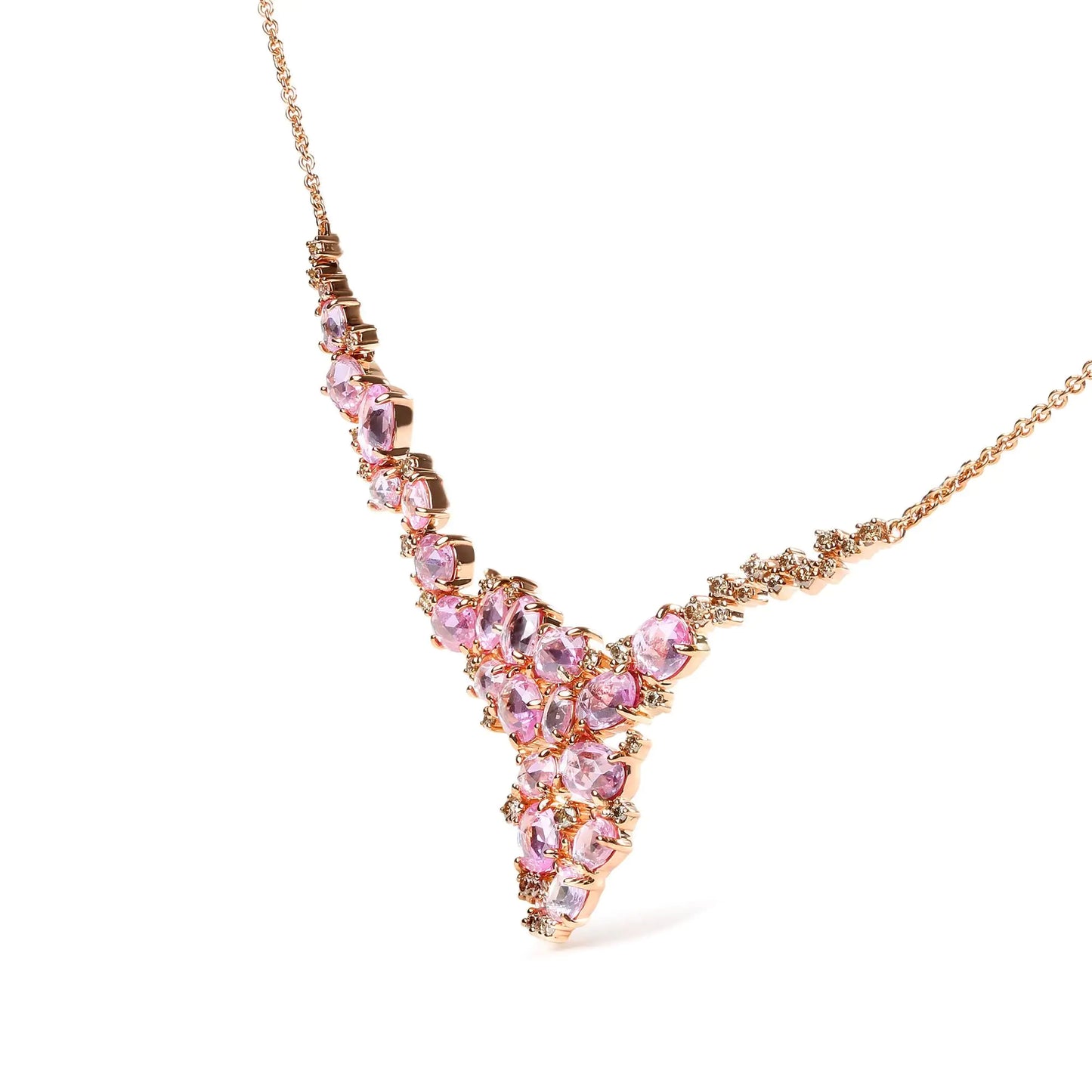 Rose Gold Brown Diamond and Oval Pink Sapphire Cluster-Cascade-Statement-Station Necklace