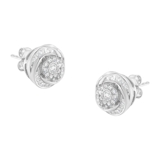 Silver Round-and-Baguette-Cut Diamond Love Knot Stud Earrings