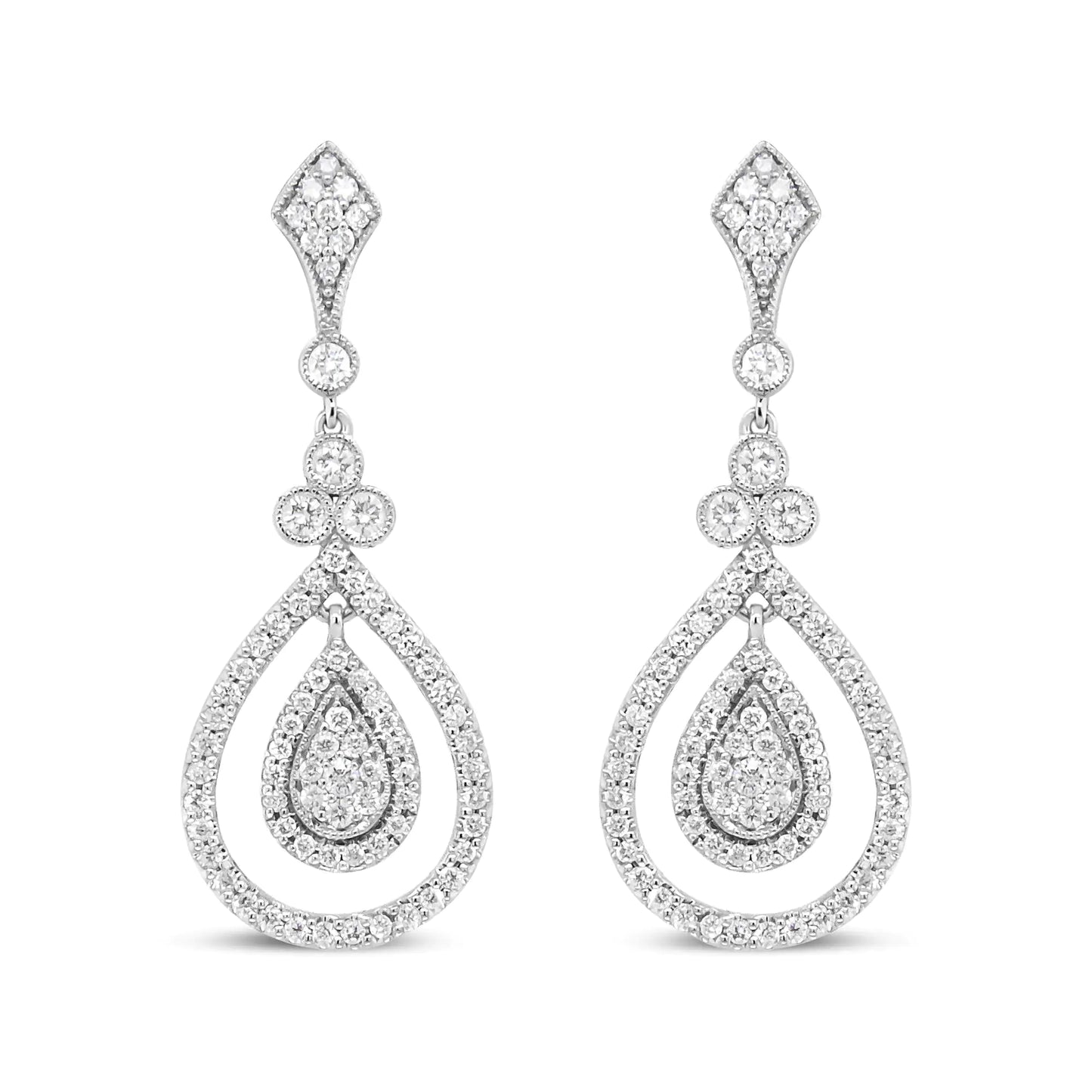 White Gold Round Diamond Openwork Teardrop-Shaped Dangle Earrings