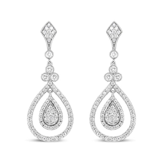 White Gold Round Diamond Openwork Teardrop-Shaped Dangle Earrings