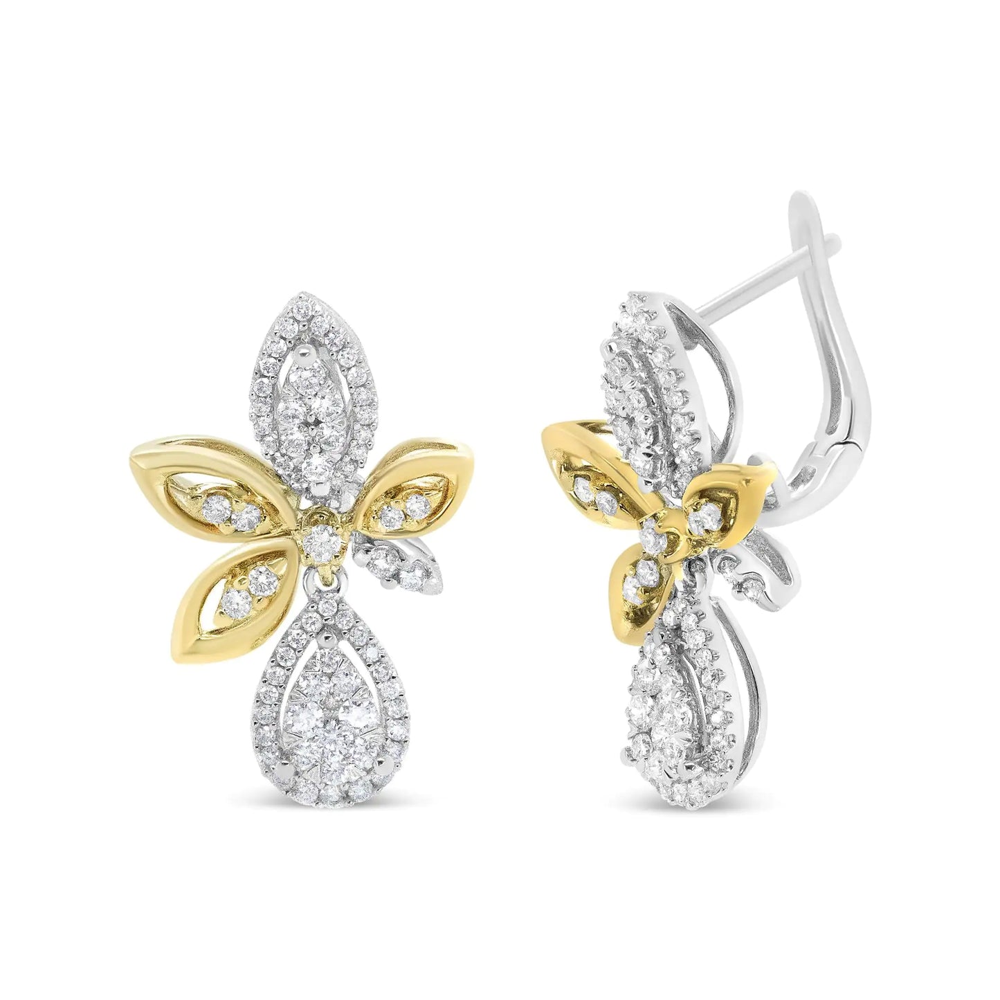 White-and-Yellow Gold Round Pavé-Set Diamond Teardrop and Marquise-Shape Drop-Dangle Earrings