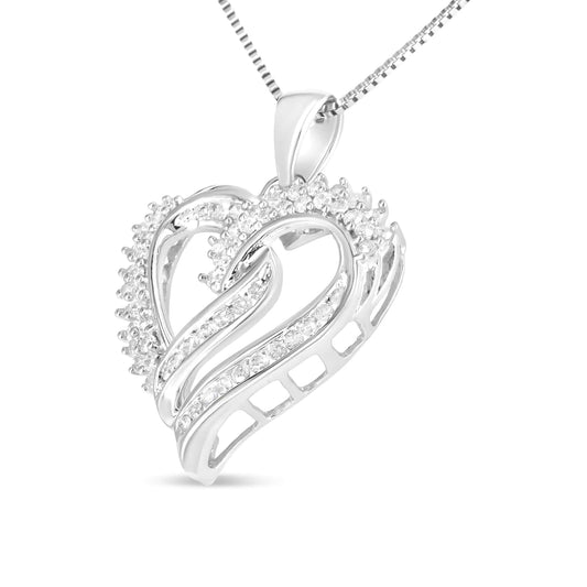 Silver Diamond Double-Row Openwork Heart Pendant Necklace