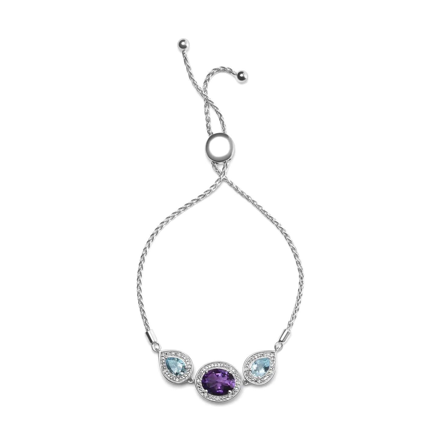 Silver Oval Amethyst and Pear Blue Topaz with Diamond Accent Lariat Bracelet