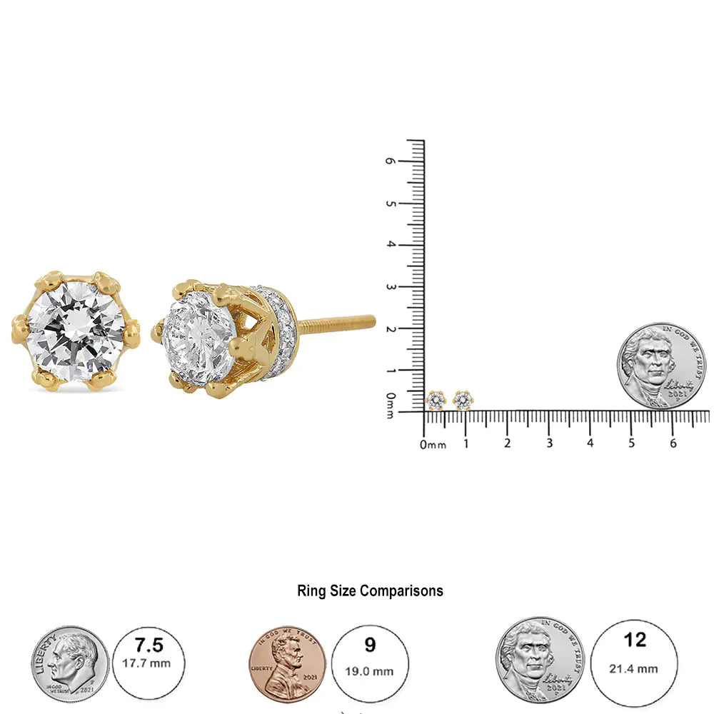 Yellow Gold Round-Cut Diamond Crown Stud Earrings