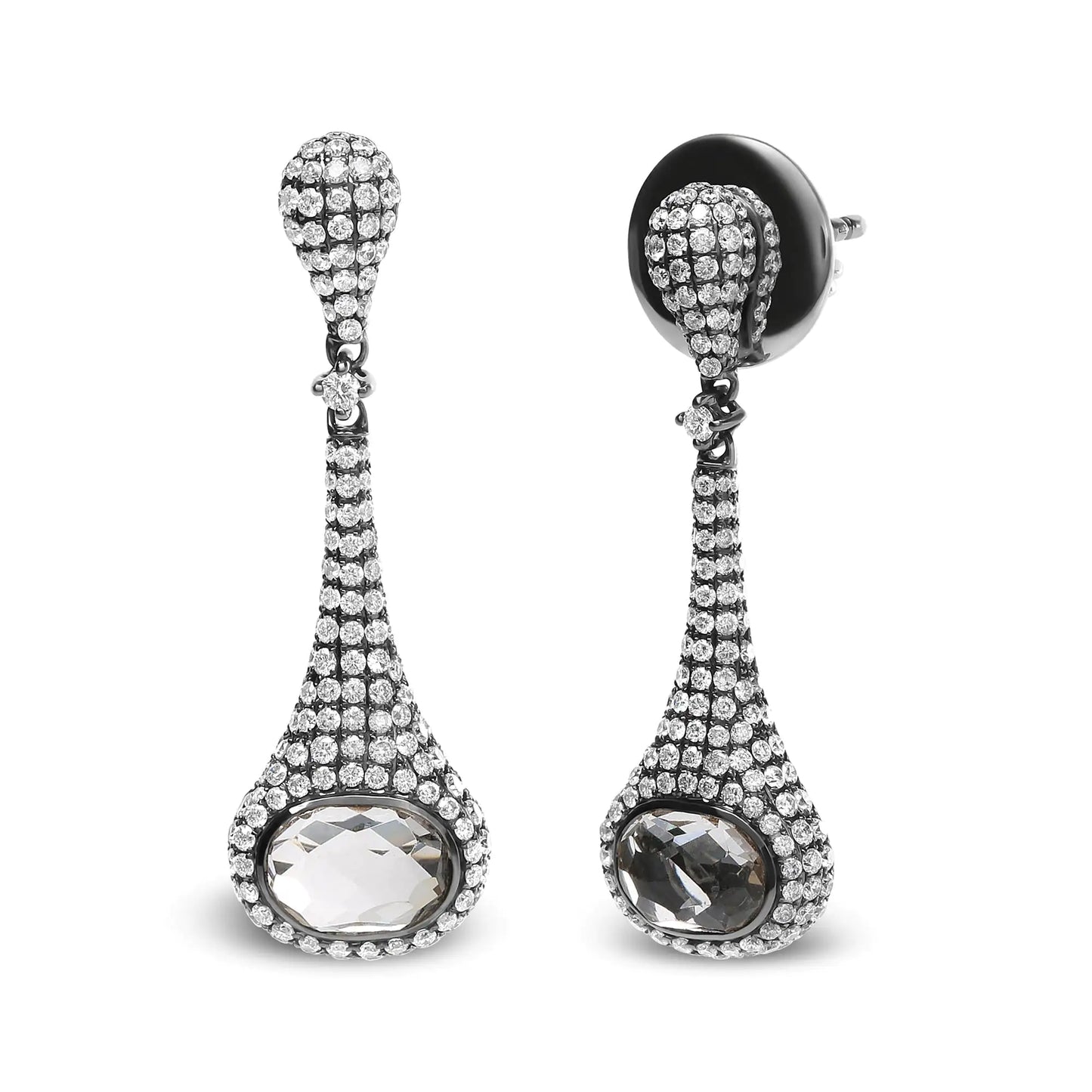 Black-Rhodium-Plated White Gold Round-Cut Diamonds and Oval White Quartz Sculptural Drop-and-Dangle Earrings