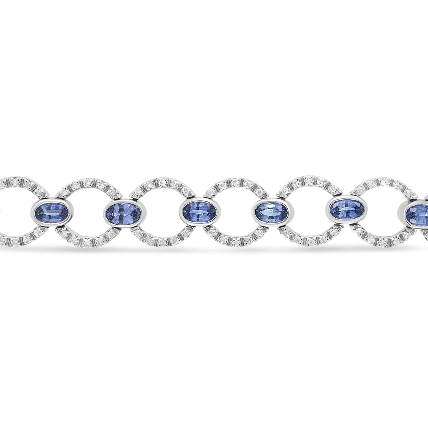 White Gold Diamond and Oval Blue Sapphire Openwork Circle Link Bracelet