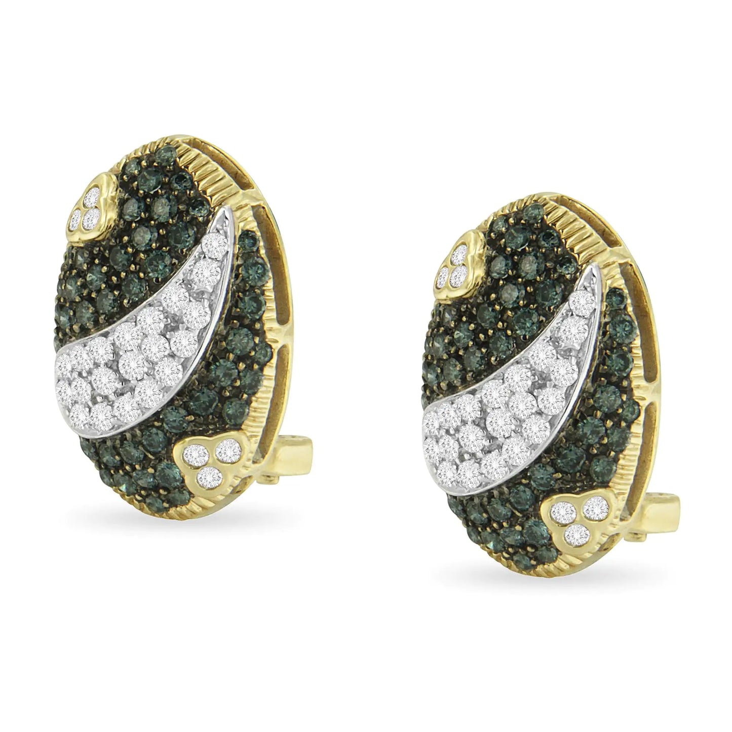 Black-and-White Rhodium Yellow Gold White-and-Blue Diamond Oval Stud Earrings