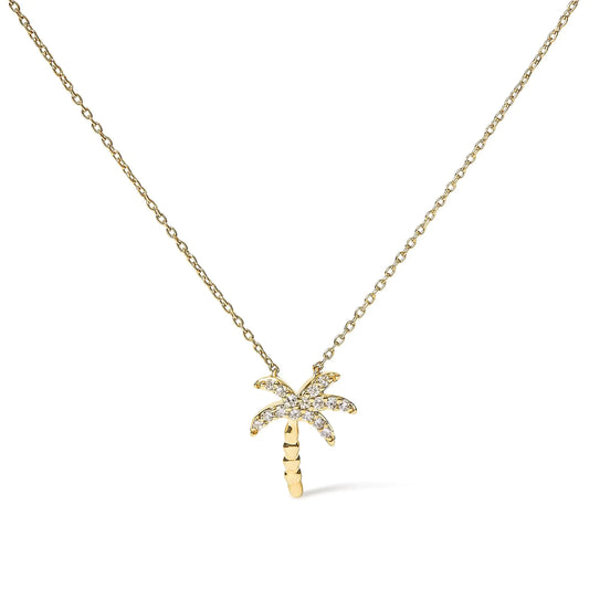 Yellow Gold Round Diamond Palm Tree Pendant Necklace