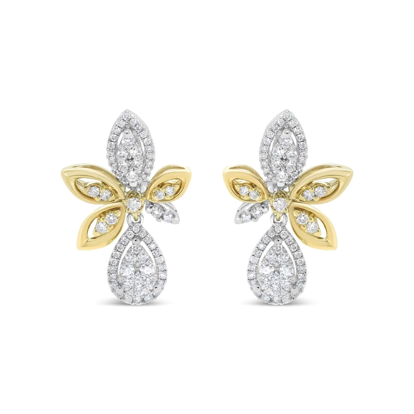 White-and-Yellow Gold Round Pavé-Set Diamond Teardrop and Marquise-Shape Drop-Dangle Earrings