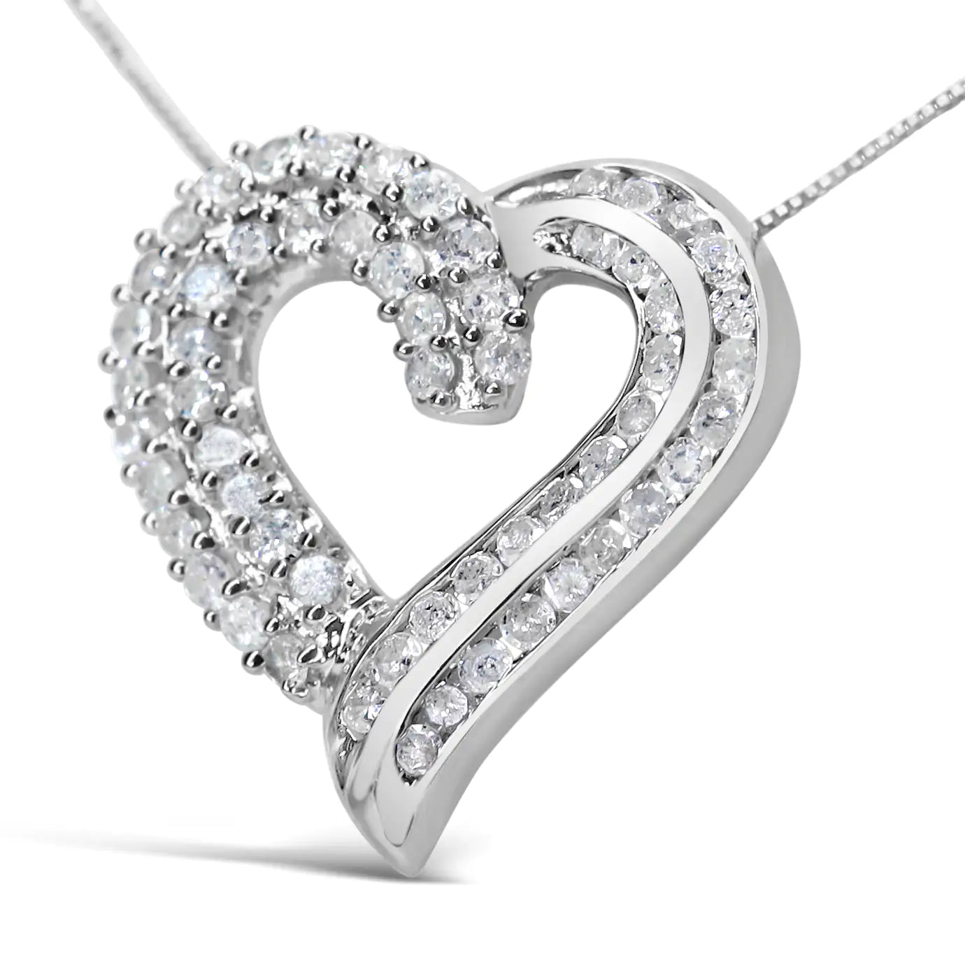 Silver Prong- and Channel-Set Diamond Open-work Ribbon-Heart Pendant Necklace