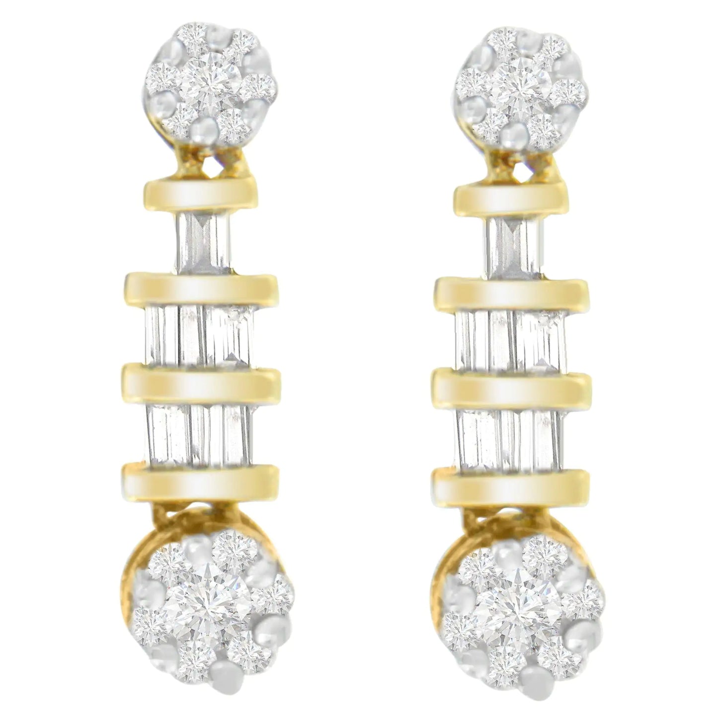 Yellow Gold Round-Cut and Baguette-Cut Diamond Earrings