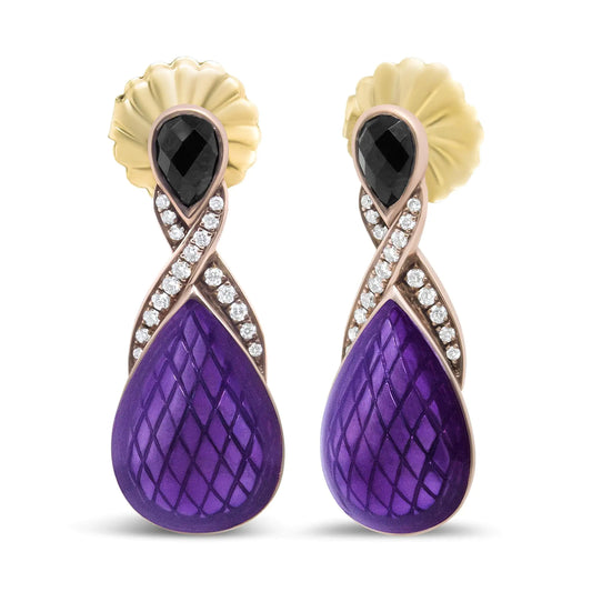 Rose-Gold-Flash-Plated Silver Purple Enamel Diamond and Black Onyx Drop Earrings