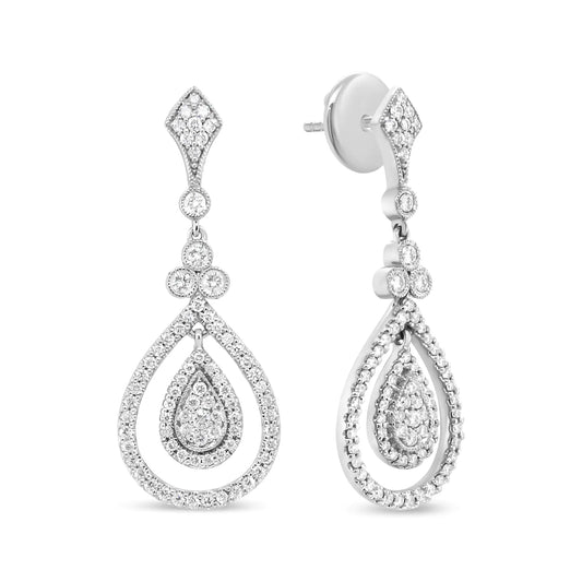 White Gold Round Diamond Openwork Teardrop-Shaped Dangle Earrings