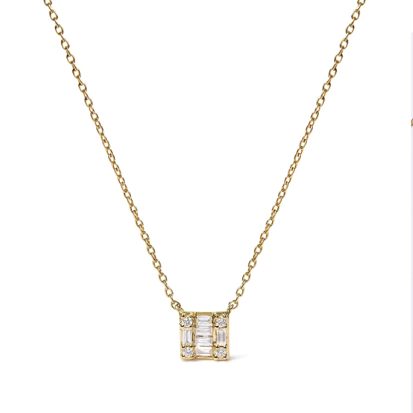 Yellow Gold Round-Cut and Baguette-Cut Diamond Mosaic-Composite-Square Pendant Necklace