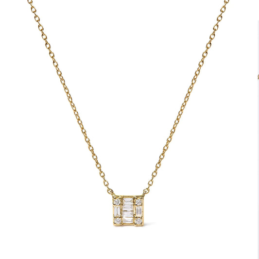 Yellow Gold Round-Cut and Baguette-Cut Diamond Mosaic-Composite-Square Pendant Necklace