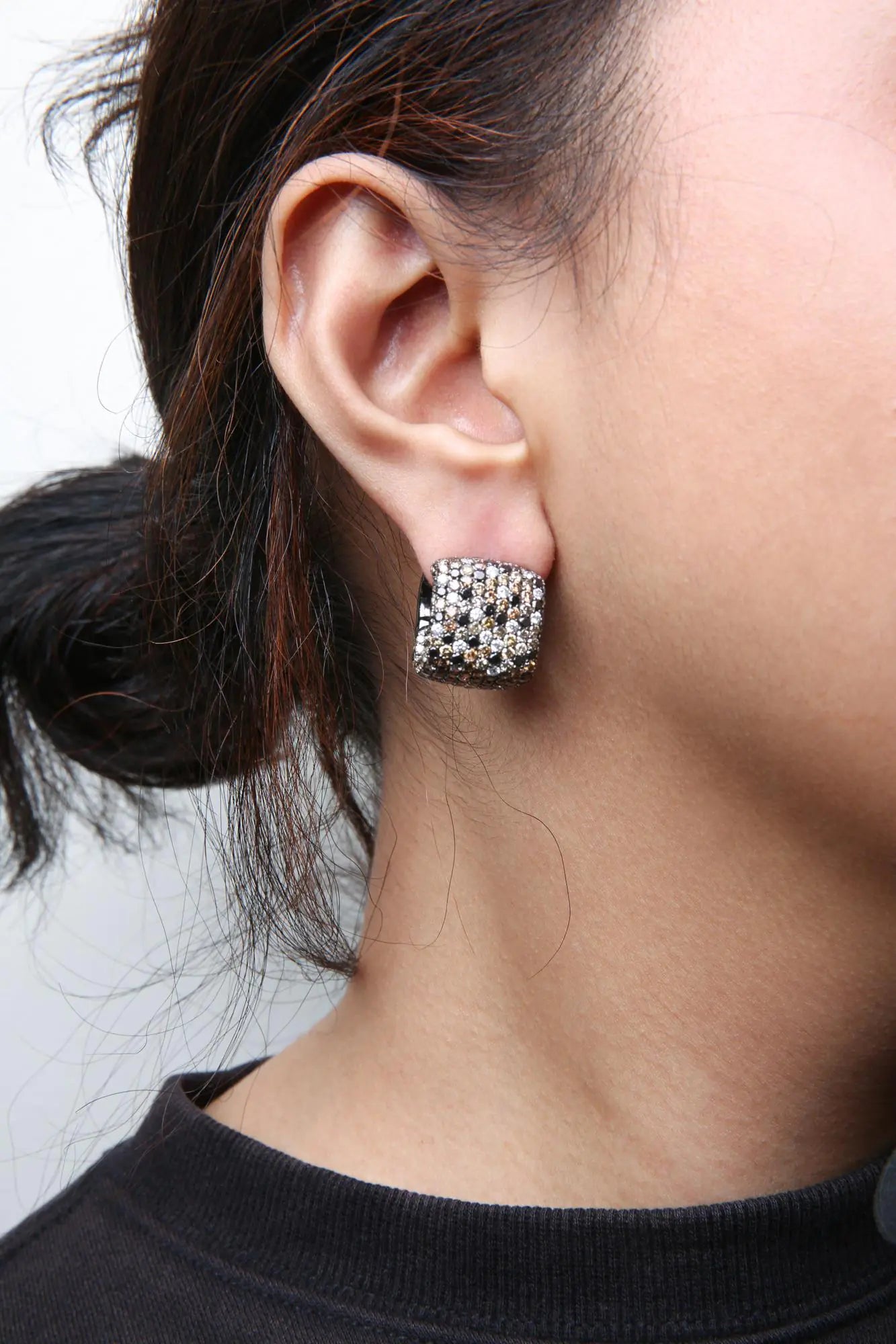 Black Rhodium-Plated White Gold Multi-Color Diamond Square-Domed Huggie Hoop Earrings