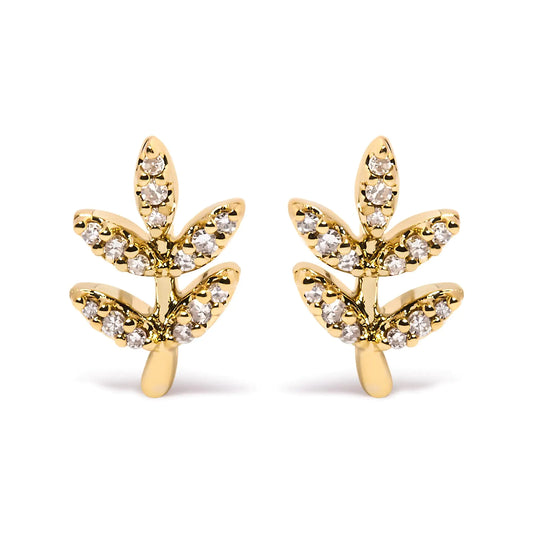 Yellow Gold Diamond-Accented Leaf-and-Branch Stud Earrings