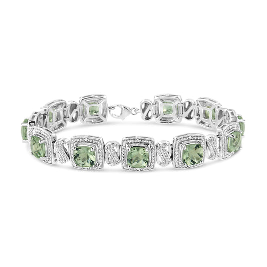 Silver Cushion-Cut Green Amethyst and Single-Cut Diamond Square-Shape Tennis Bracelet