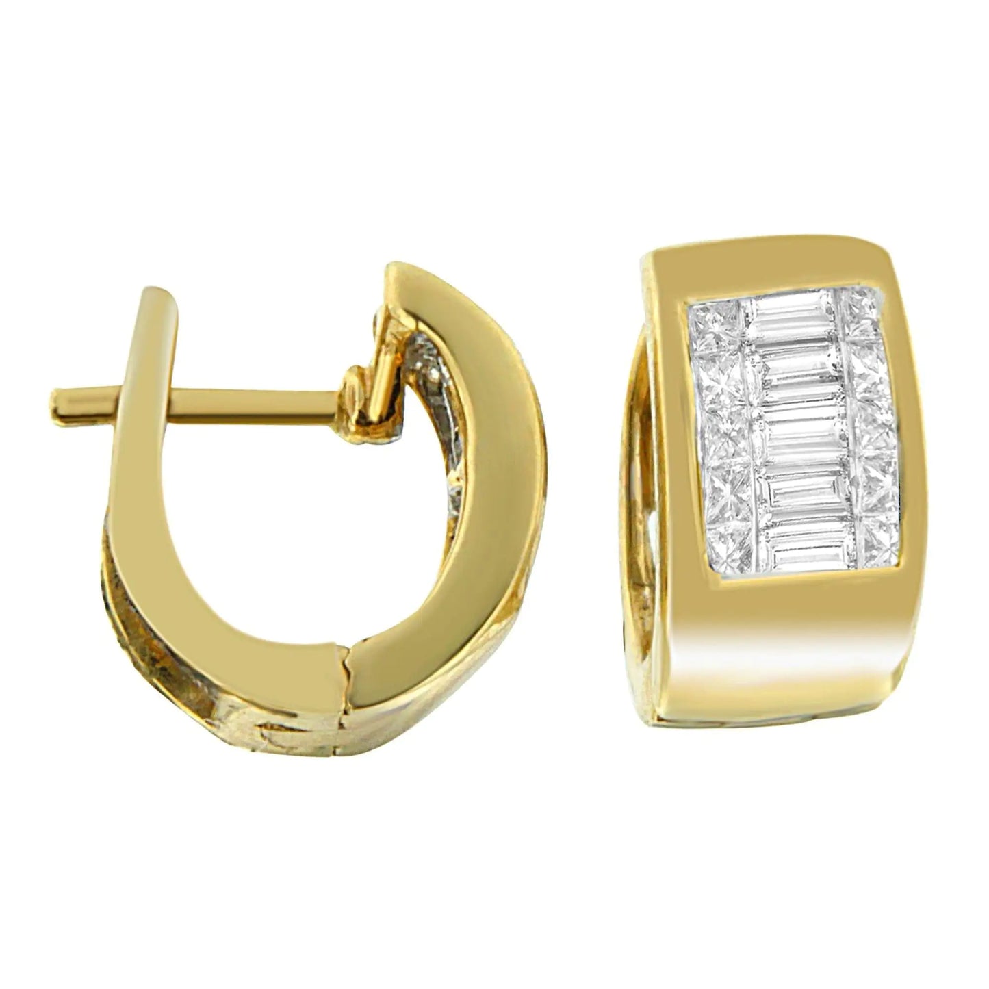 Yellow Gold Princess-Cut and Baguette-Cut Diamond Huggy Earrings