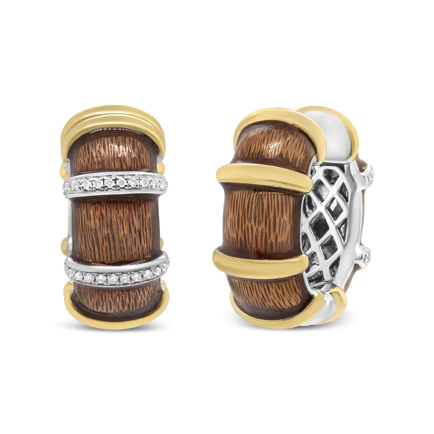 Yellow-and-White Gold Flash-Plated Silver Clear Brown Enamel Round Diamond Huggie Hoop Earrings